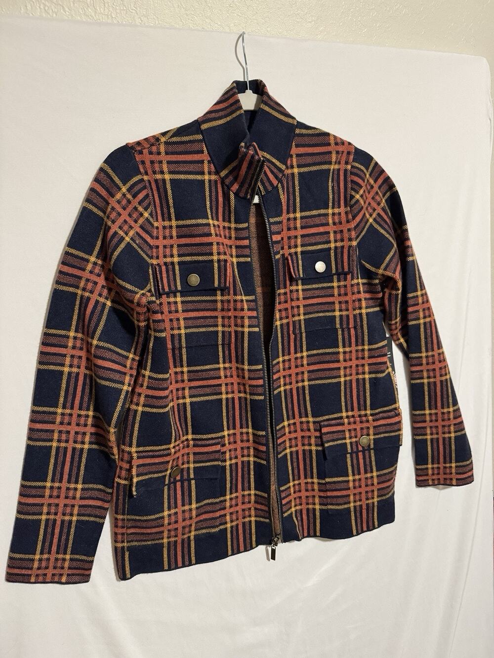 Rachel Zoe Navy Blue Plaid Zip Front Sweater Jacket Shacket, women’s size Medium